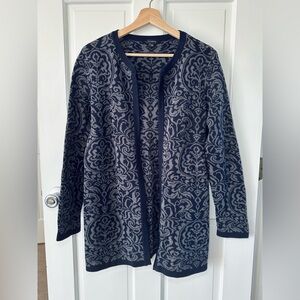 TALBOTS Navy and Gray Floral Jacquard Knit Open Long Cardigan Size M